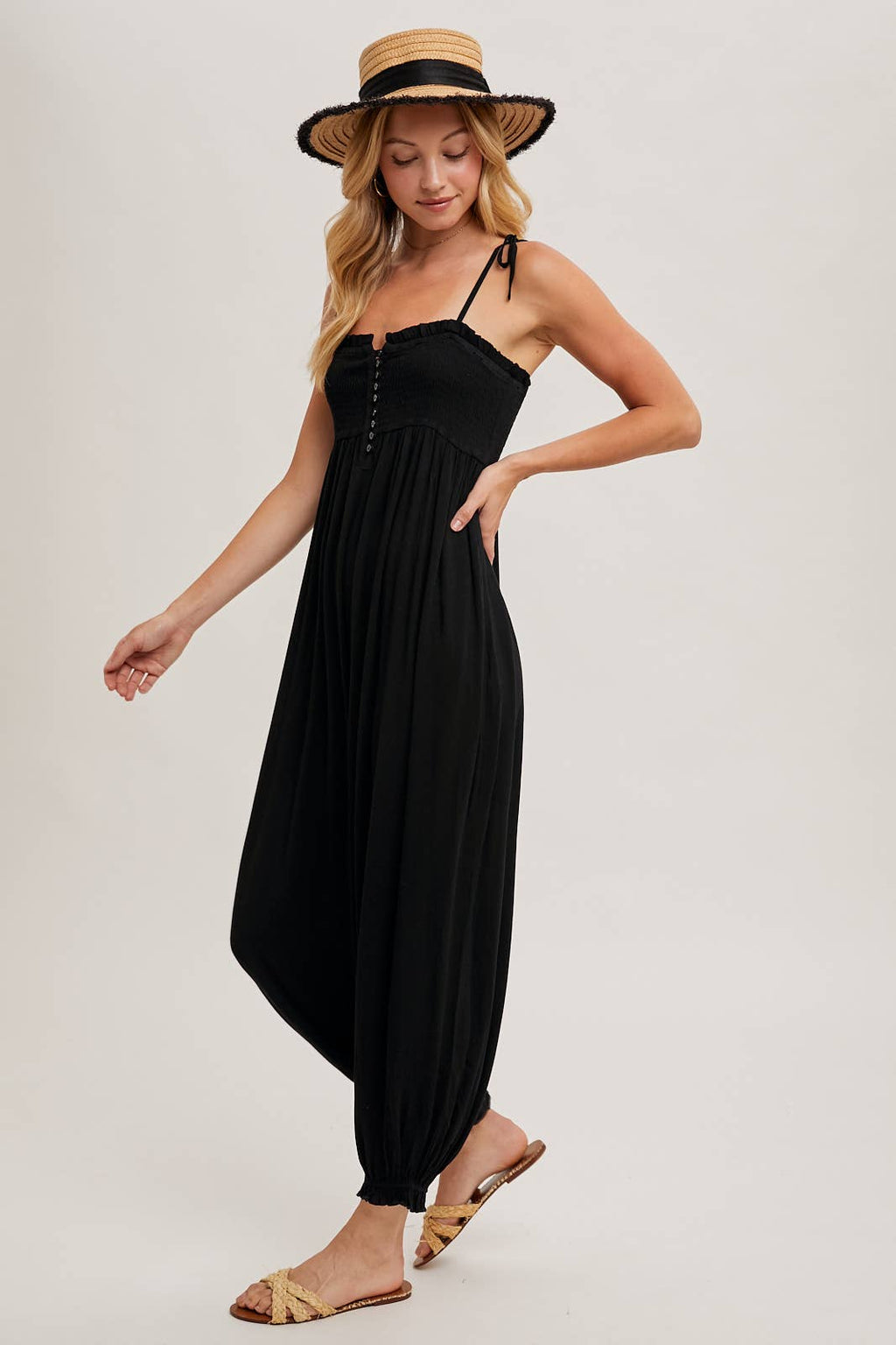 Gauze Smocked Front Button Jumpsuit