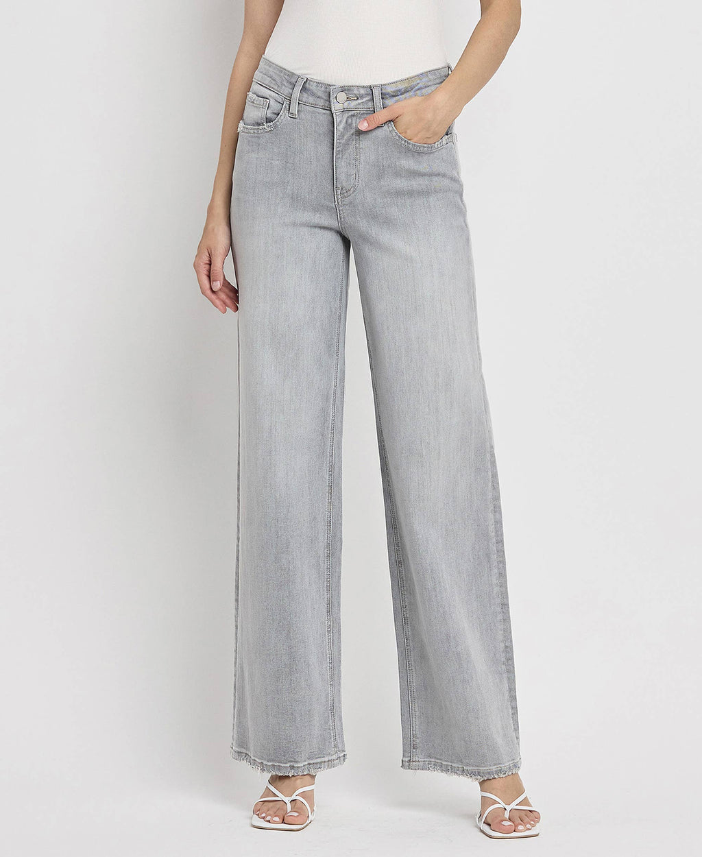 HIGH RISE LIGHT GREY WIDE LEG JEANS