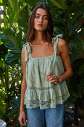 Woven Cotton Sleeveless Spaghetti Tie Straps Top