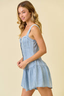 Denim Wide Strap Tiered Flare Romper
