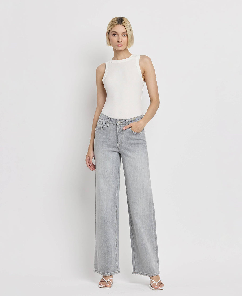 HIGH RISE LIGHT GREY WIDE LEG JEANS