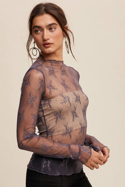 Sheer Lace Long-Sleeve Top