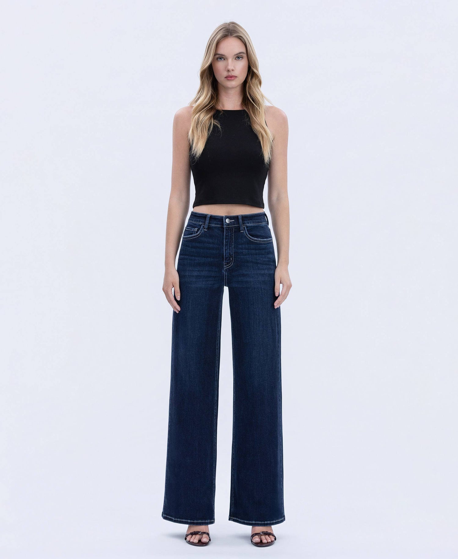 High Rise Dark Full Length Wide Jeans
