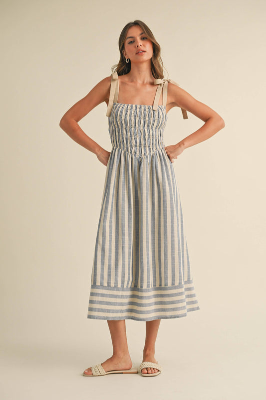 The Monica Striped Smocked Tie Strap Midi