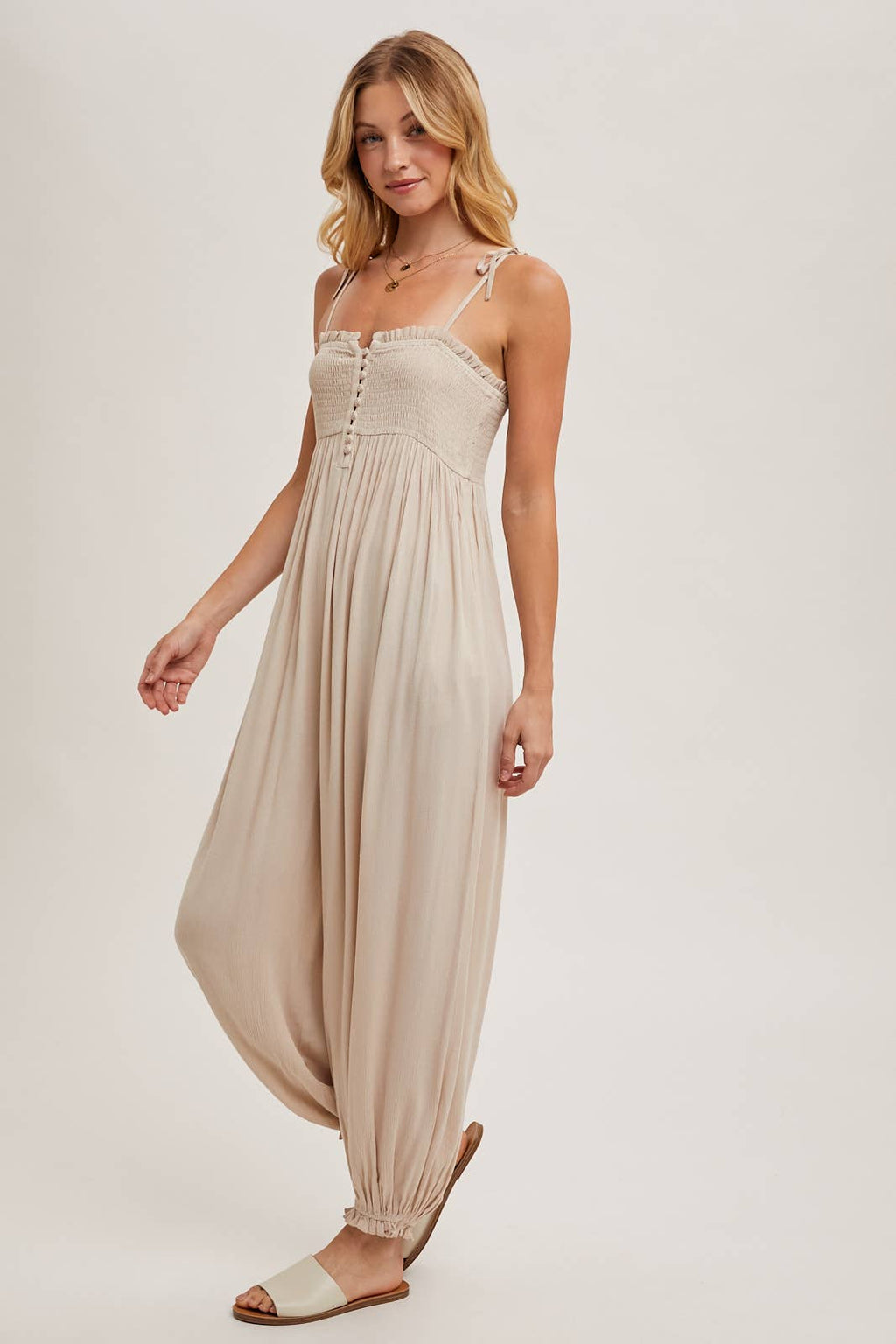 Gauze Smocked Front Button Jumpsuit