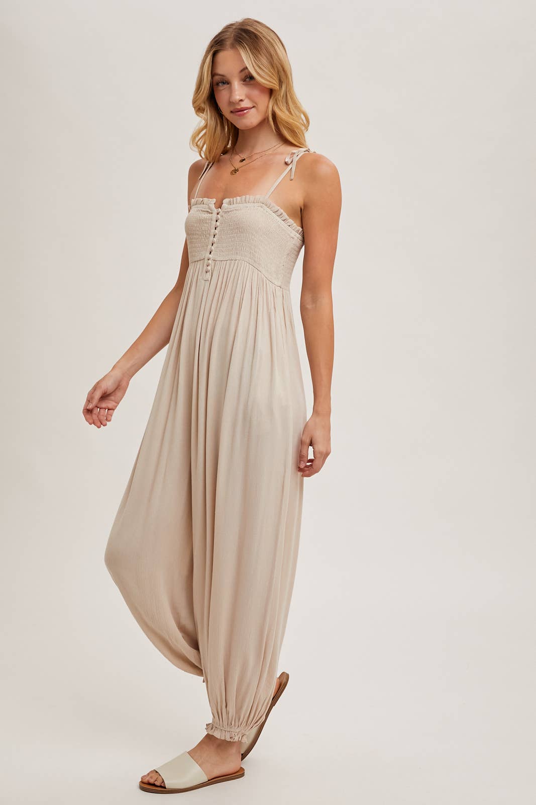 Gauze Smocked Front Button Jumpsuit