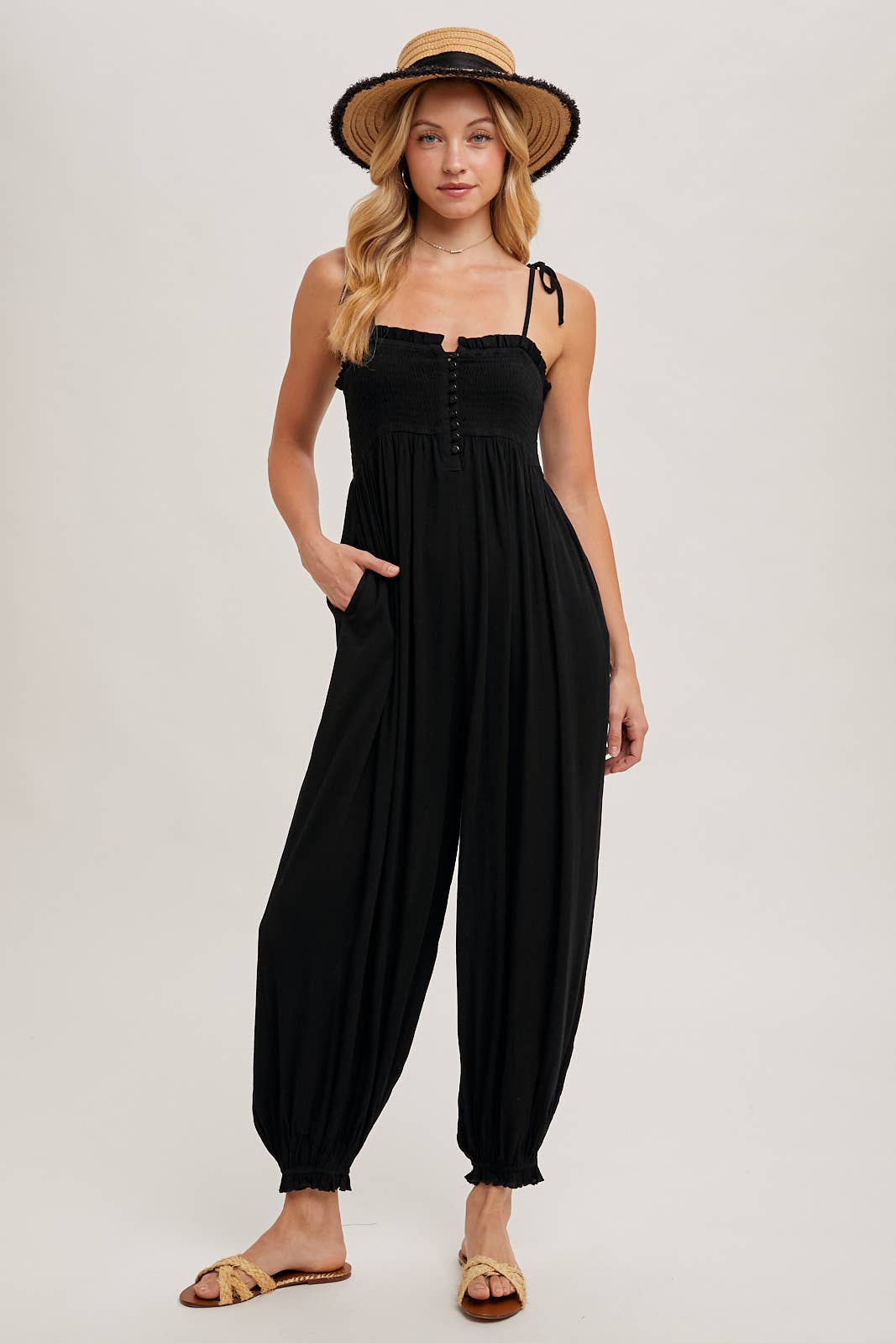 Gauze Smocked Front Button Jumpsuit