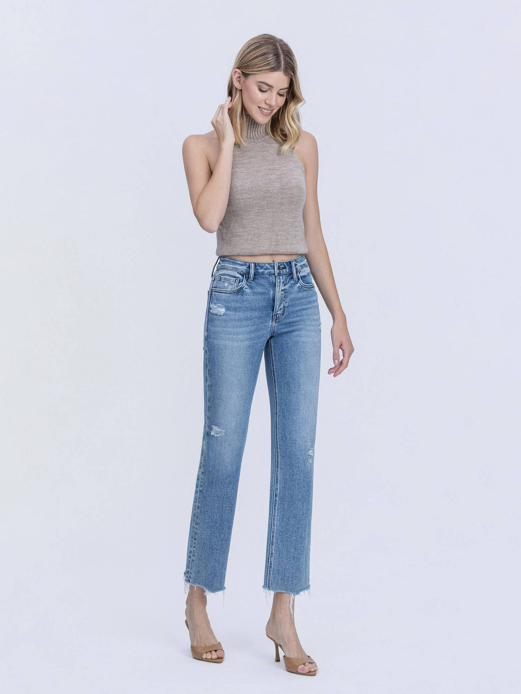 HIGH RISE DISTRESSED DETAIL ANKLE STRAIGHT JEANS