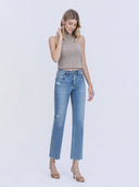 HIGH RISE DISTRESSED DETAIL ANKLE STRAIGHT JEANS
