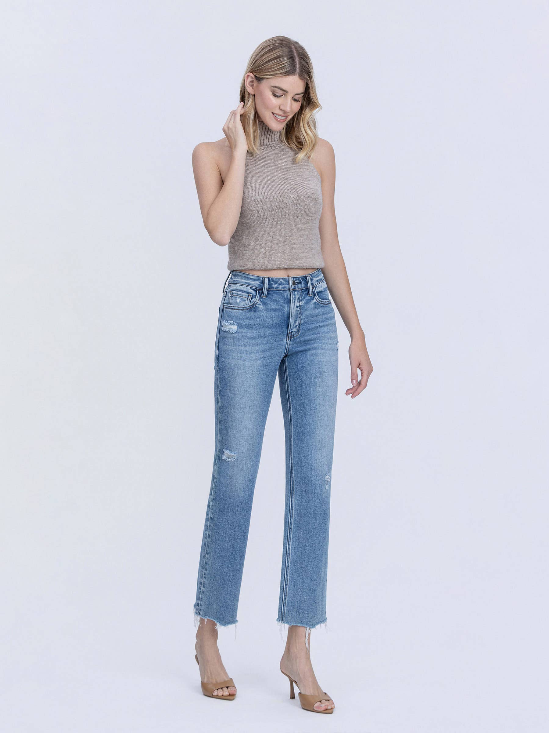 HIGH RISE DISTRESSED DETAIL ANKLE STRAIGHT JEANS