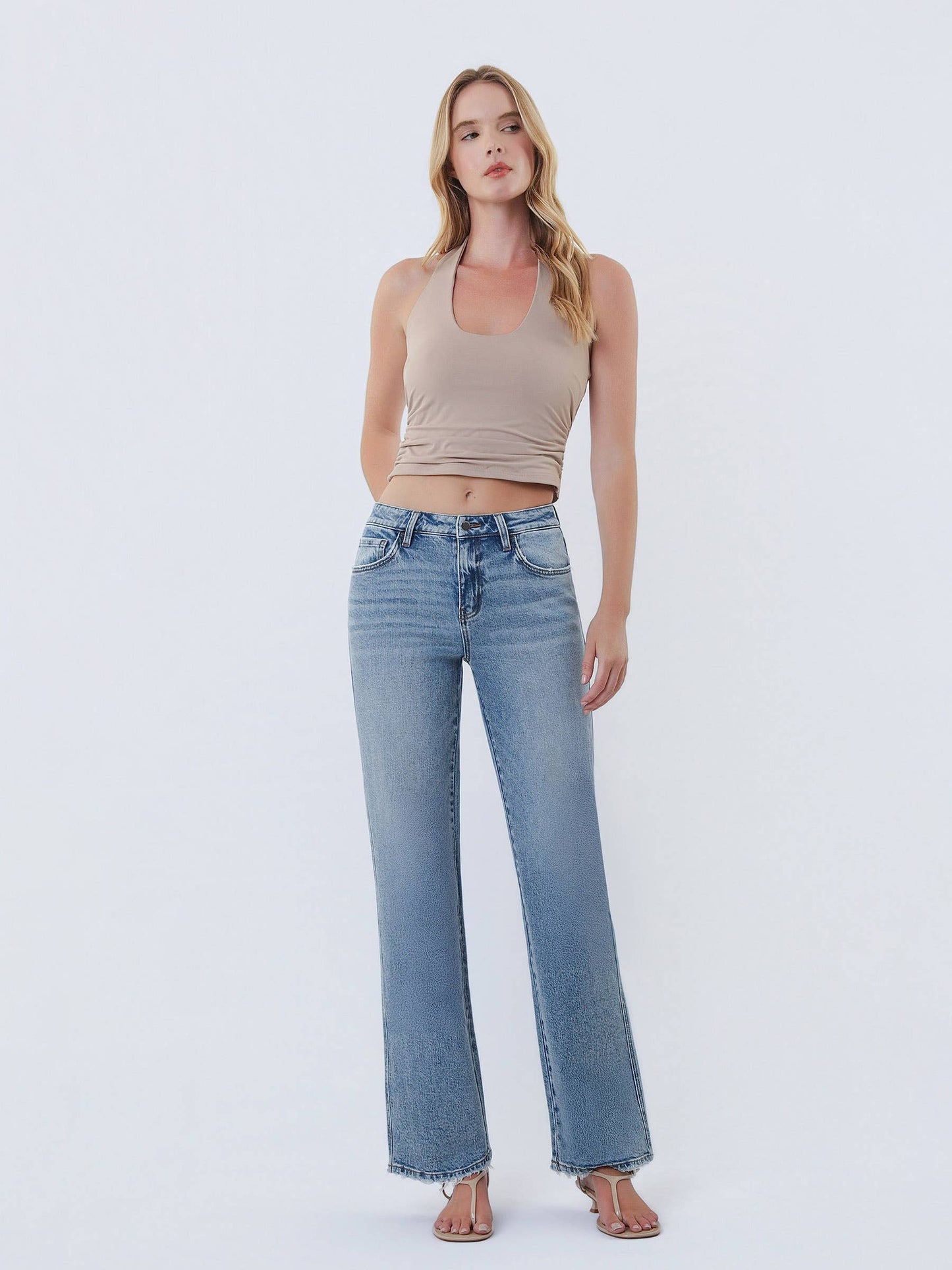Mid Rise Medium Wash Slim Wide Jeans