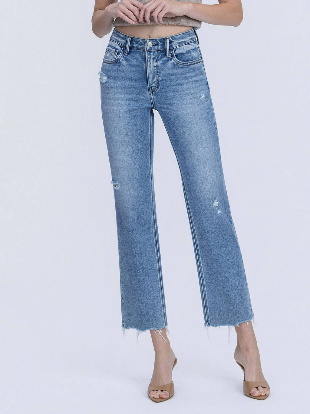 HIGH RISE DISTRESSED DETAIL ANKLE STRAIGHT JEANS