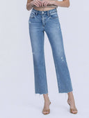 HIGH RISE DISTRESSED DETAIL ANKLE STRAIGHT JEANS