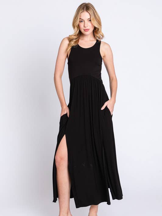 Solid Sleeveless Midi Dress with Front Slit