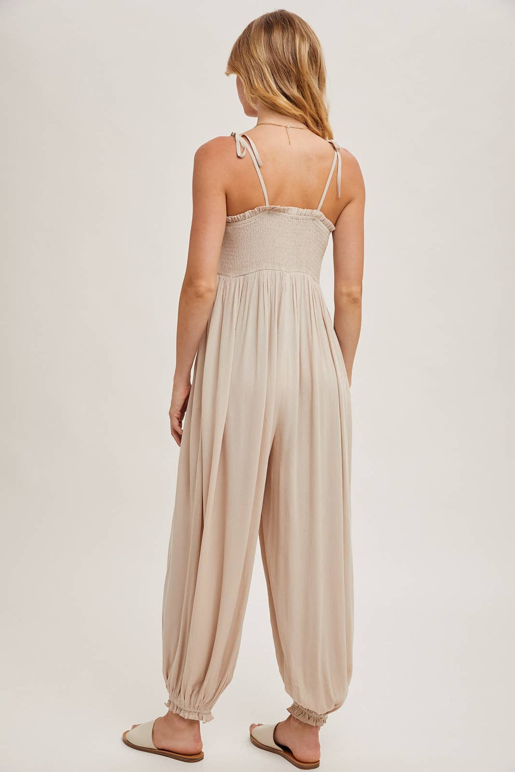 Gauze Smocked Front Button Jumpsuit