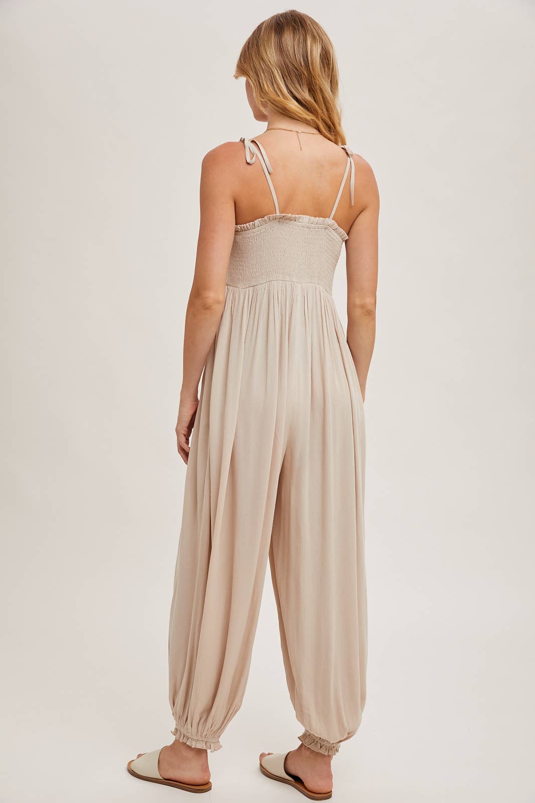 Gauze Smocked Front Button Jumpsuit