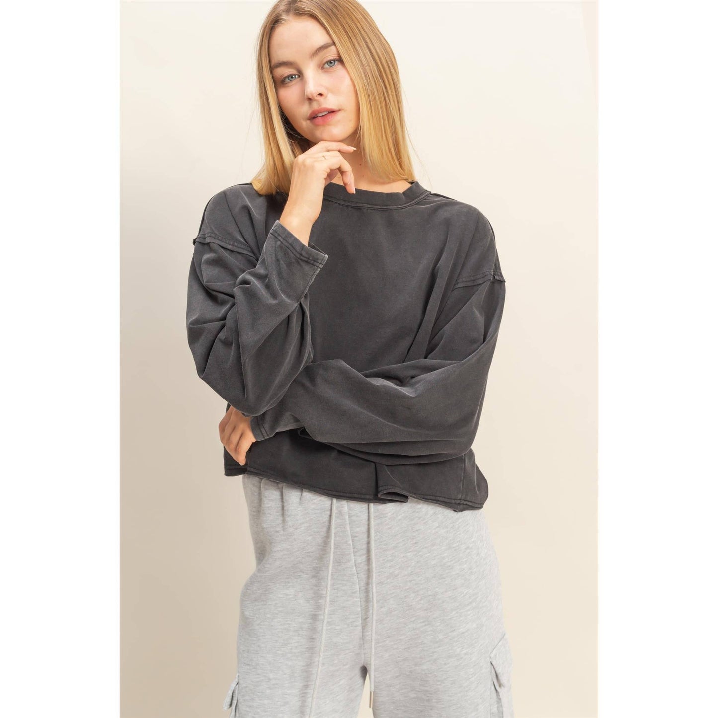 Mineral Washed Casual Long Sleeve Top