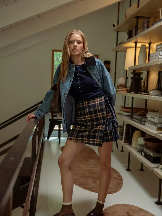 Navy Plaid Wrap Skirt