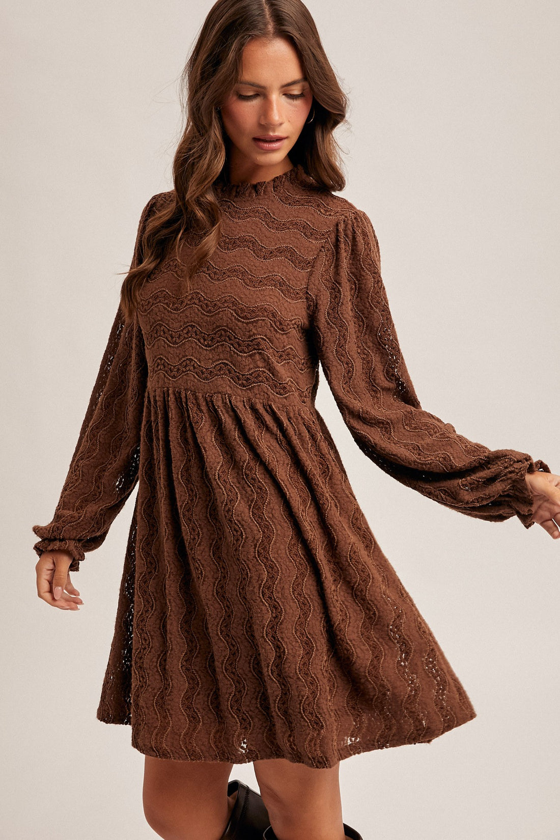 Ruffle Neck Brushed Lace Dress