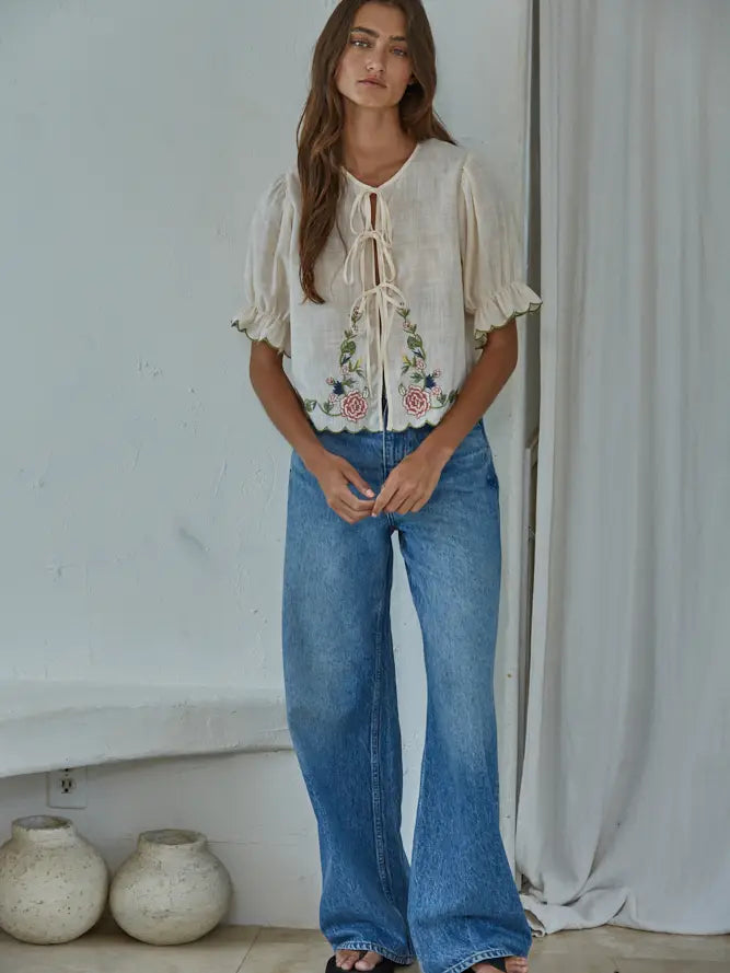 Collins Embroidered Tie Blouse