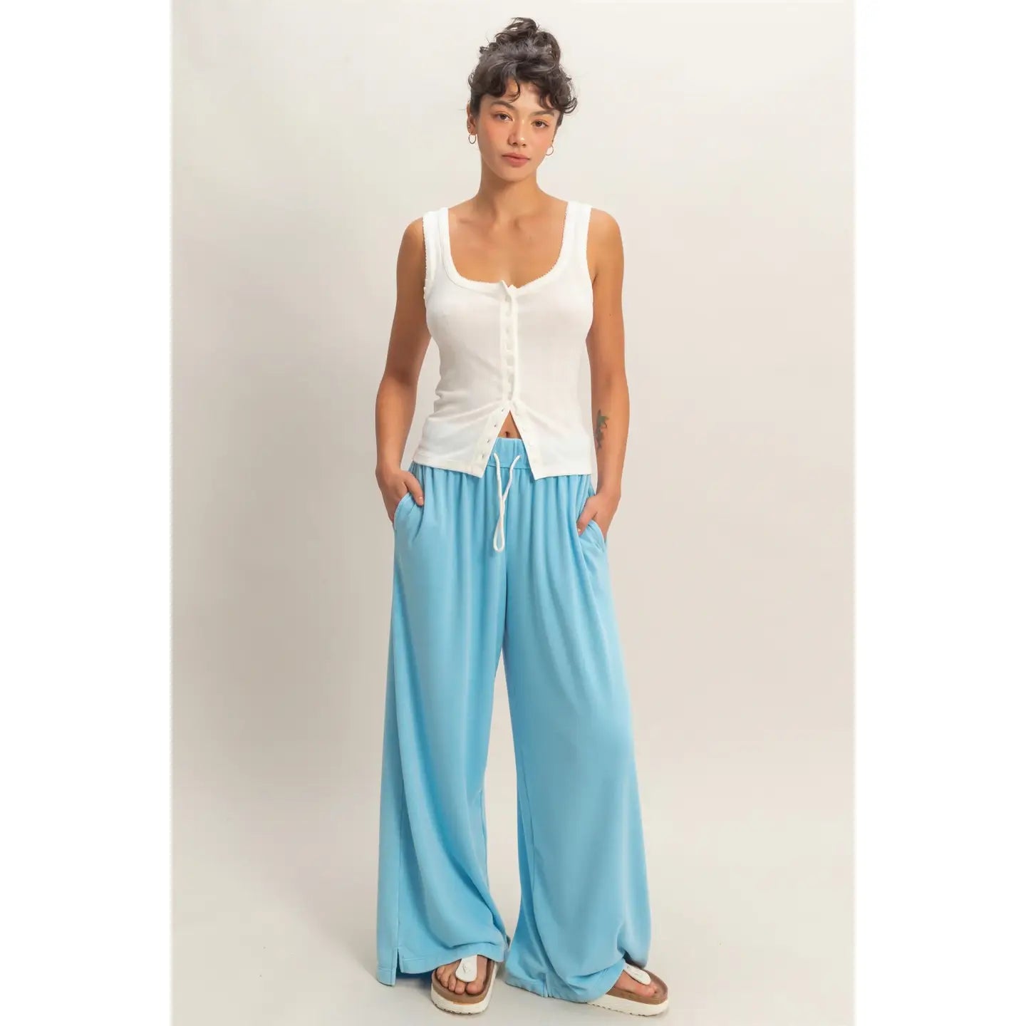 Pointelle Button Front Scoop Neck Tank Top