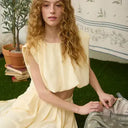 Ballon crop Pleated Midi Skirt Set